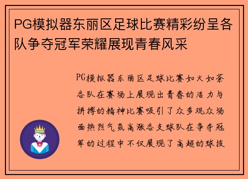PG模拟器东丽区足球比赛精彩纷呈各队争夺冠军荣耀展现青春风采