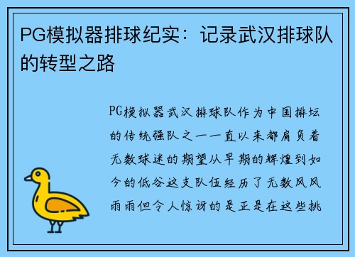 PG模拟器排球纪实：记录武汉排球队的转型之路